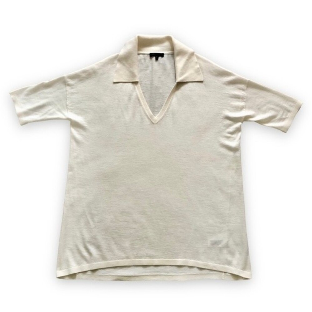 Lafayette 148 New York Off-White Cashmere Silk Blend Knit Polo Top Size Medium